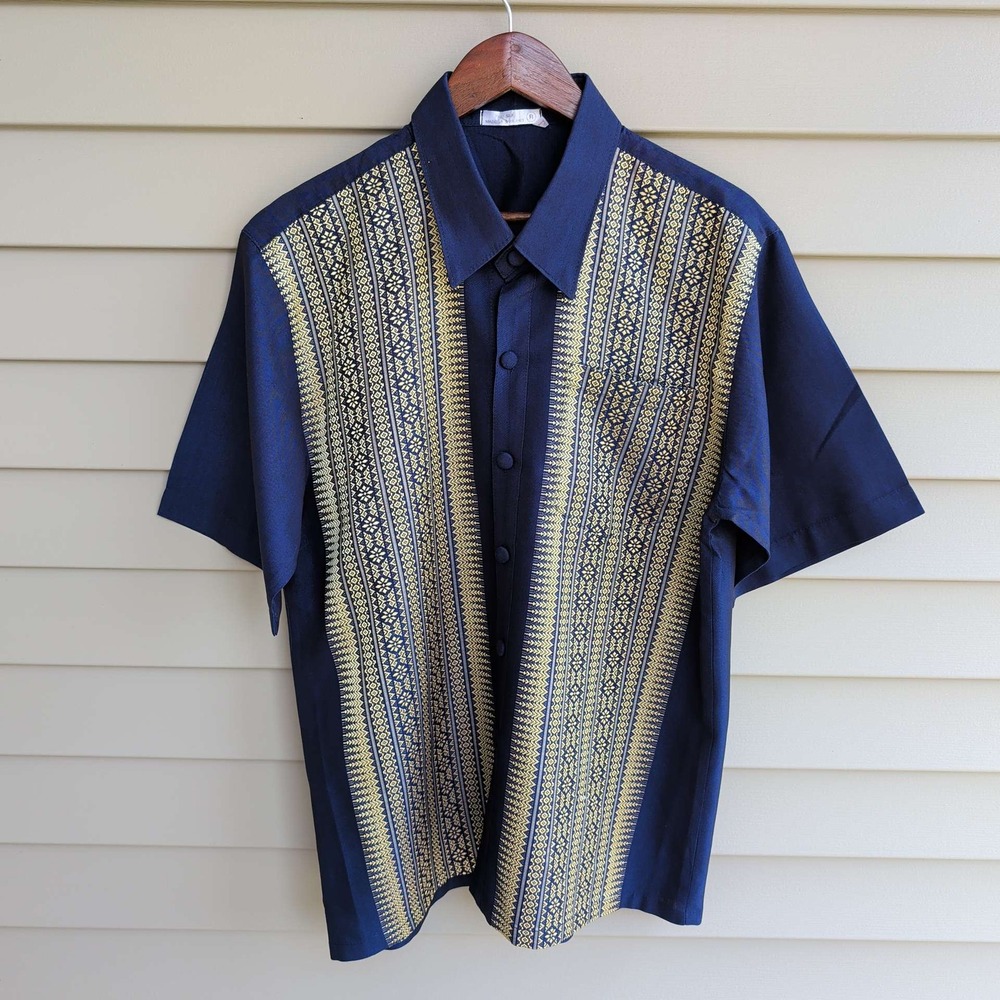 Thai Silk Button Up Shirt Mens Large Navy Blue Gold Embroidered Short Sleeve